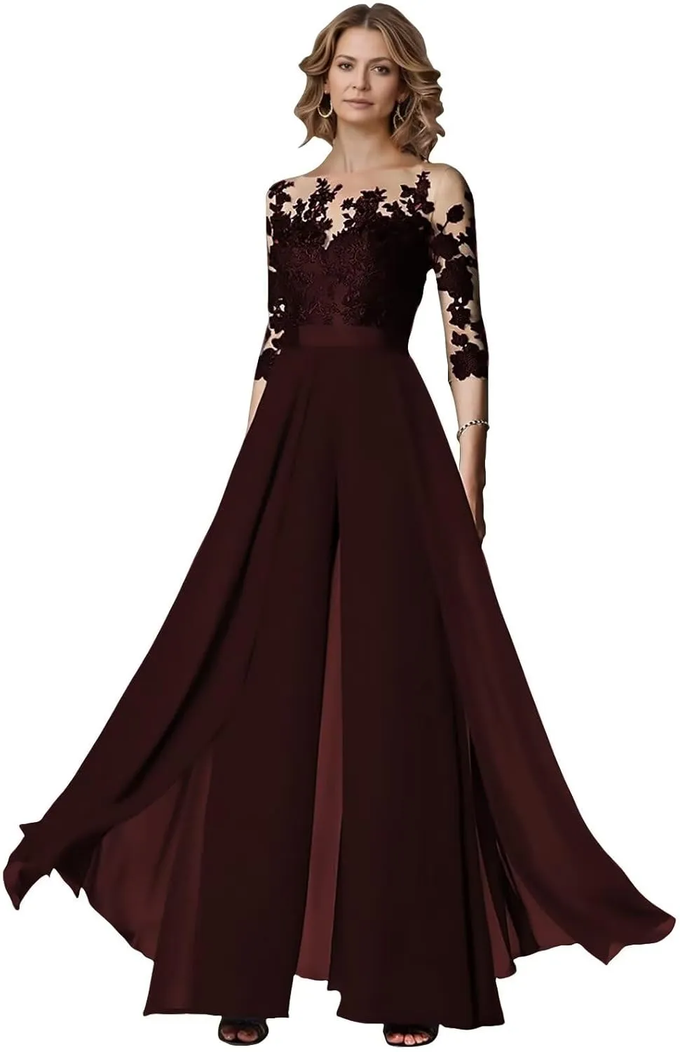 Chiffon Jumpsuits Mother of The Bride Long Sleeve Laces Wedding Formal Pant Suits for Women