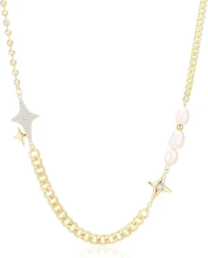 Choker Necklaces for Women, Dainty 14K Gold Plated Pearl CZ Floral Chain Necklace Adjustable Pendant Necklaces Layered Gold Chain Necklaces Jewelry for Women