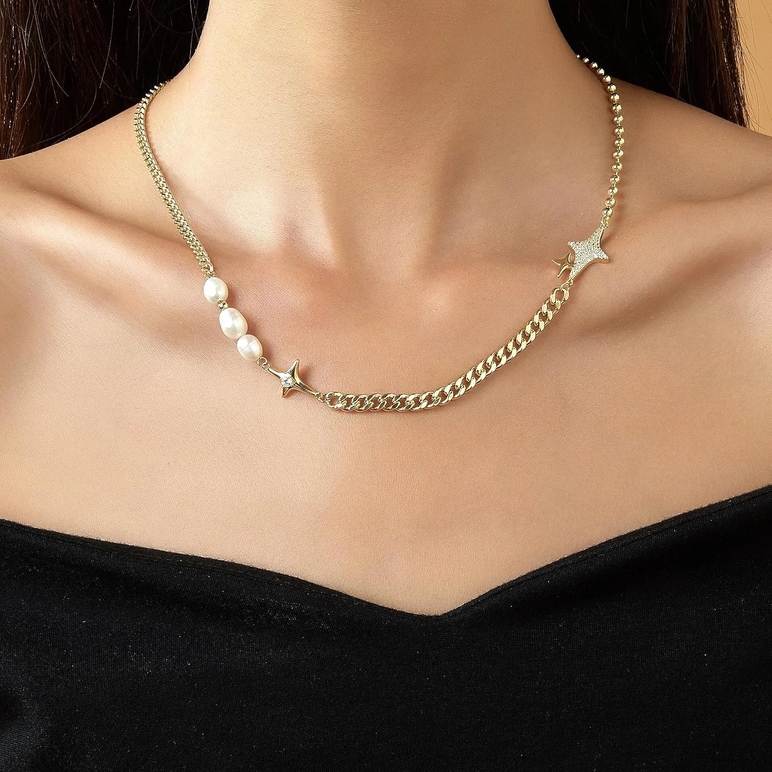 Choker Necklaces for Women, Dainty 14K Gold Plated Pearl CZ Floral Chain Necklace Adjustable Pendant Necklaces Layered Gold Chain Necklaces Jewelry for Women