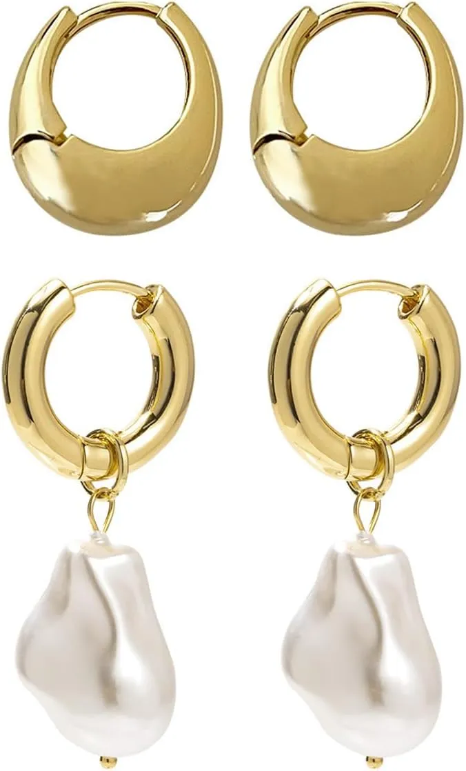Chunky Gold Pearl Hoop Earrings for Women 14k Hypoallergenic Trendy Formal Simple Statement Geometric Metal Dangling Pearl Drop Dangle Small Hoops Huggie Earrings for Her