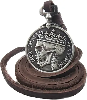 Classic Coin Brown Leather Pendant Necklace Skull Steampunk Chunky Pendants Jewelry for Men