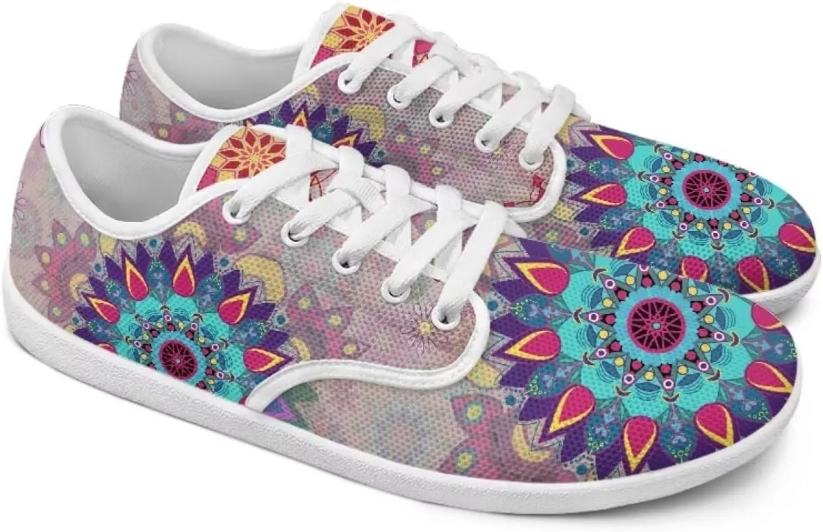 Classic Mandala Women's Casual Sneakers Wide Width Barefoot Knit Lace Up Sneakers Zero Drop Walking Flats