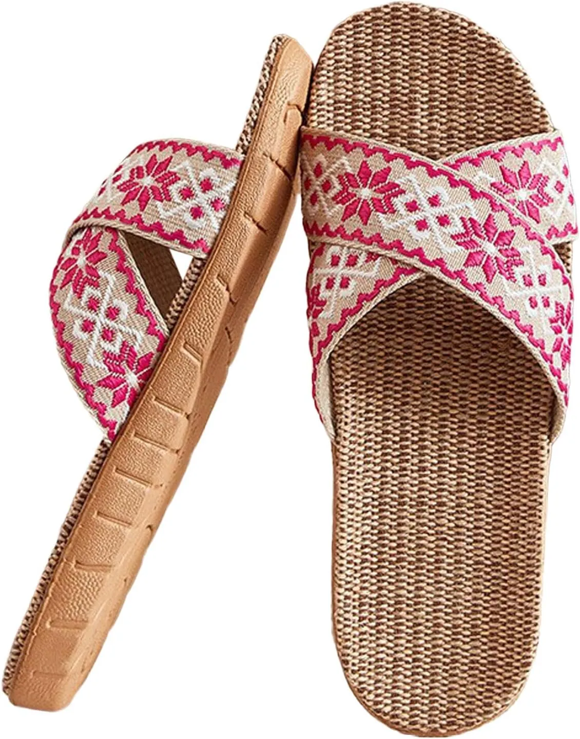 Comfortable Breathable Non Slip Slippers Couple Retro Colour Blocking Printing Beach Outside Wear Home Cotton Linen