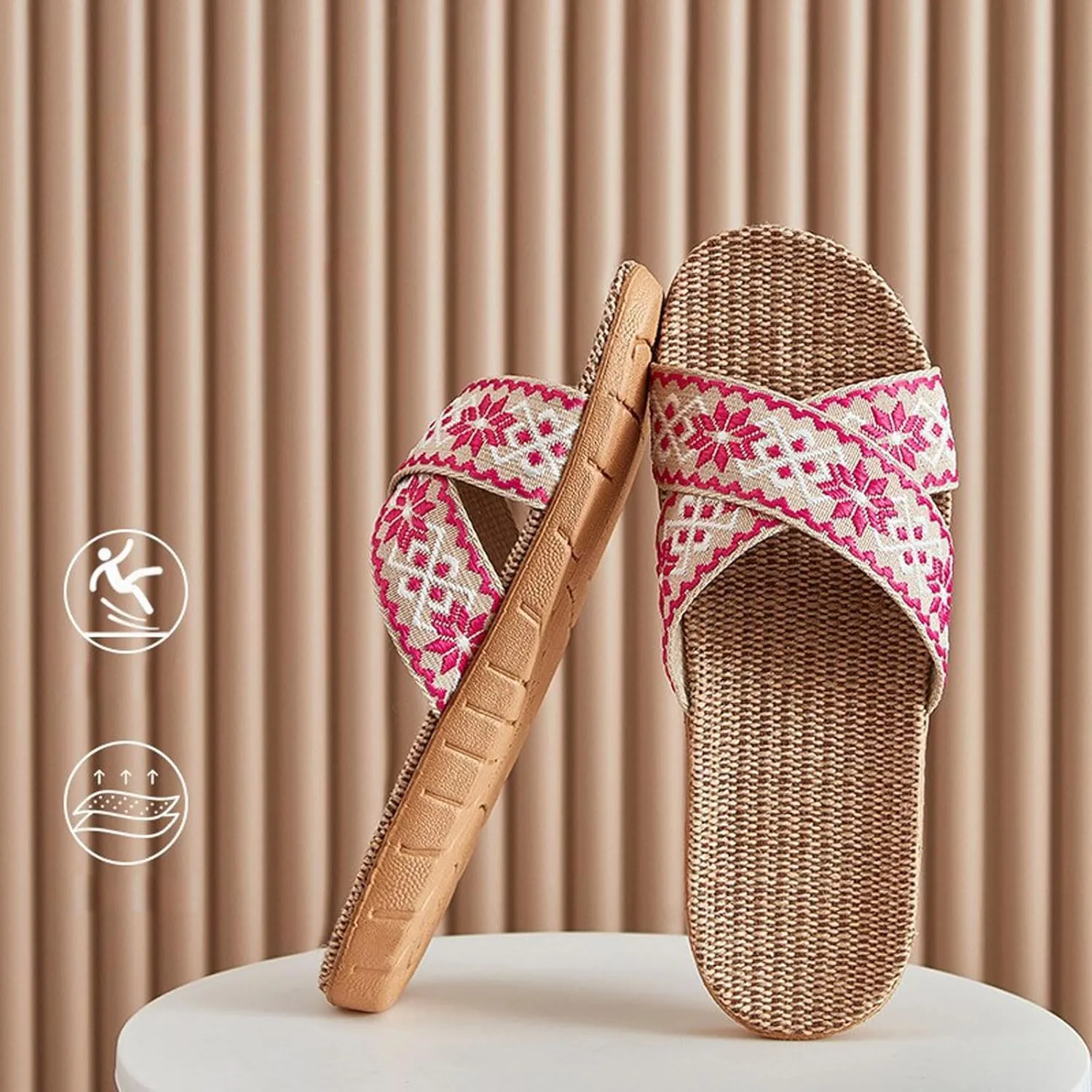 Comfortable Breathable Non Slip Slippers Couple Retro Colour Blocking Printing Beach Outside Wear Home Cotton Linen