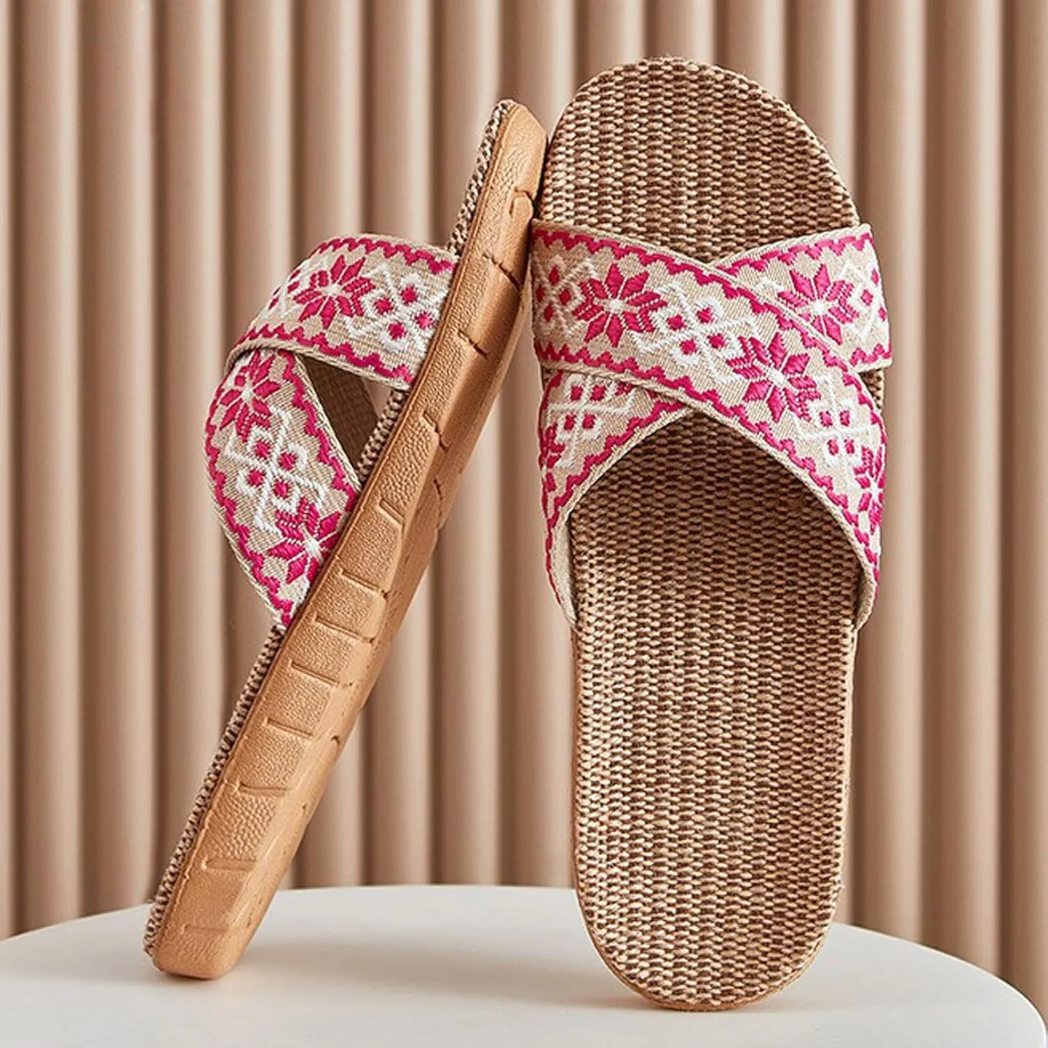 Comfortable Breathable Non Slip Slippers Couple Retro Colour Blocking Printing Beach Outside Wear Home Cotton Linen