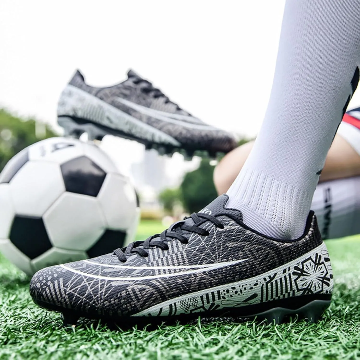 Comfortable Wide Soccer Cleats Competition Turf, Football Cleats Professional Lightweight High Top Shock for Big Boys Youth Training
