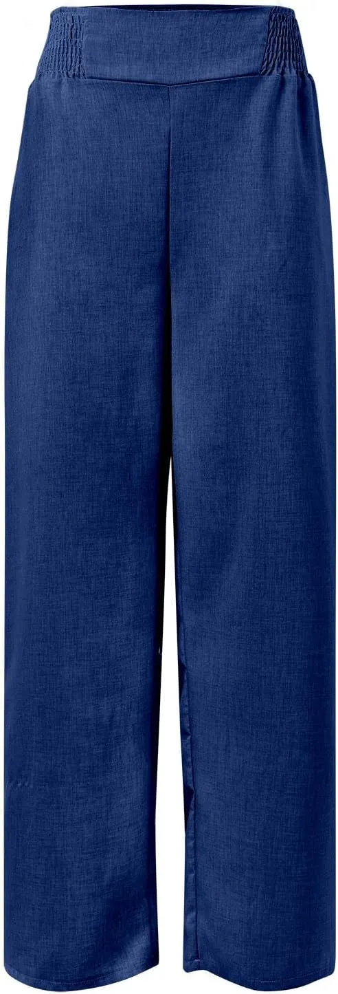 Cotton Linen Pants Women Elastic High Waisted Palazzo Pants Wide Leg Long Lounge Pant Casual Trousers with Pocket