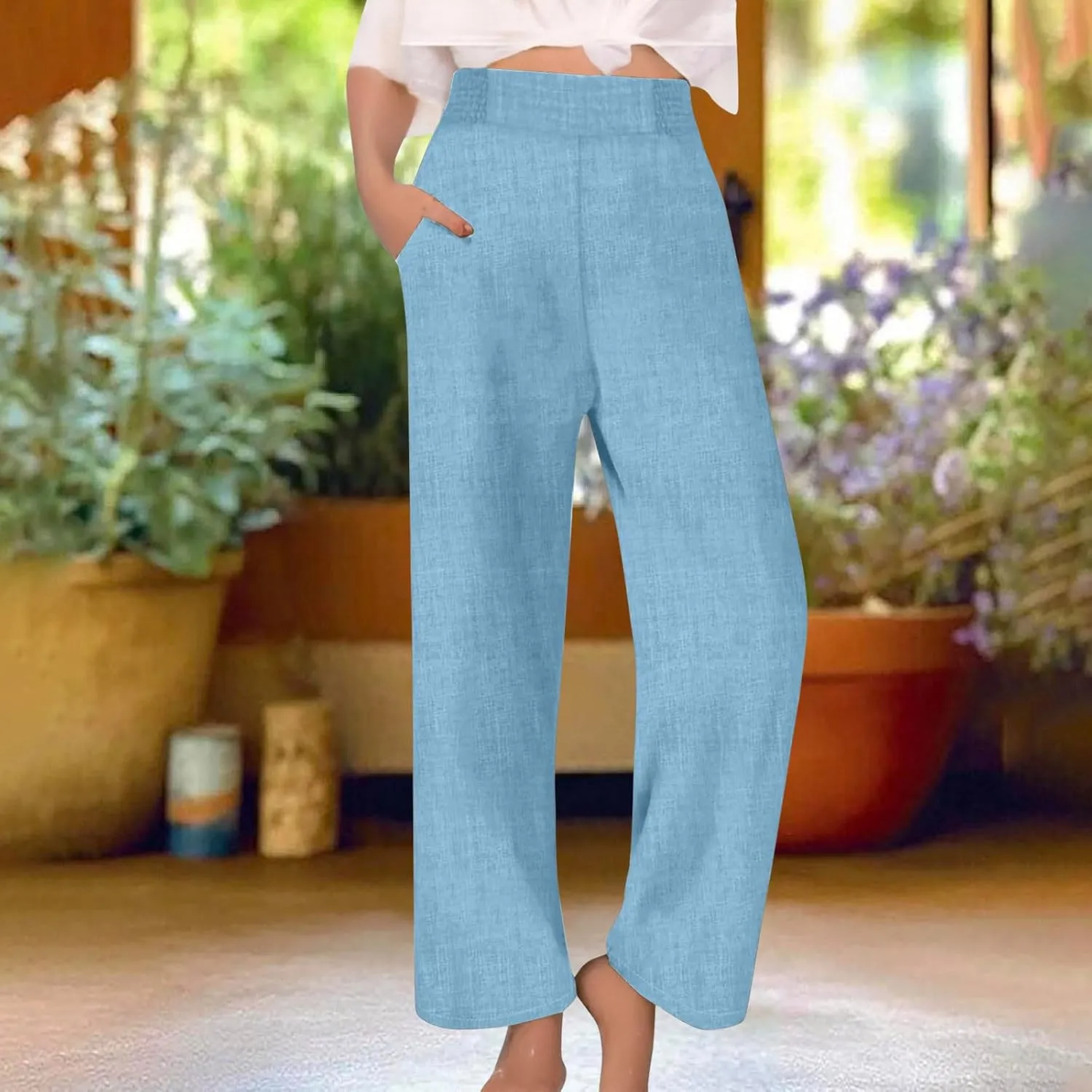 Cotton Linen Pants Women Elastic High Waisted Palazzo Pants Wide Leg Long Lounge Pant Casual Trousers with Pocket