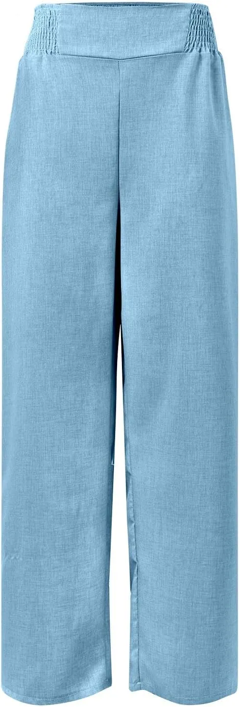 Cotton Linen Pants Women Elastic High Waisted Palazzo Pants Wide Leg Long Lounge Pant Casual Trousers with Pocket