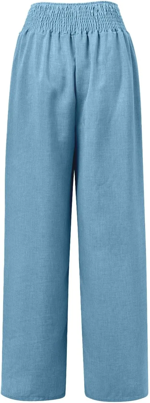 Cotton Linen Pants Women Elastic High Waisted Palazzo Pants Wide Leg Long Lounge Pant Casual Trousers with Pocket