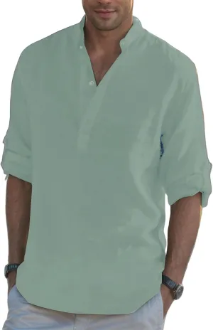 Cotton Linen Shirts for Men Stand Collar Button Casual Loose Breathable Stylish Solid Tops Summer Outdoor Beach Tee