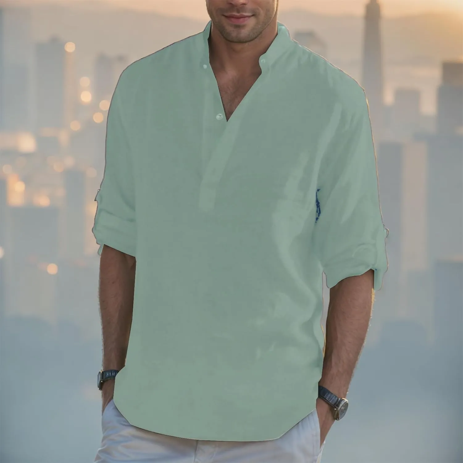 Cotton Linen Shirts for Men Stand Collar Button Casual Loose Breathable Stylish Solid Tops Summer Outdoor Beach Tee