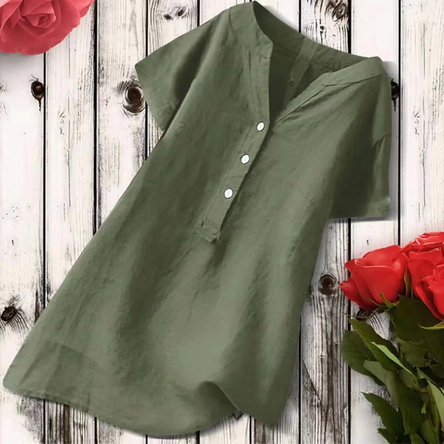 Cotton Linen Shirts for Women Buttons V Neck Short Sleeve Tshirt Trendy Dressy Blouses Casual Loose Tunic Tops