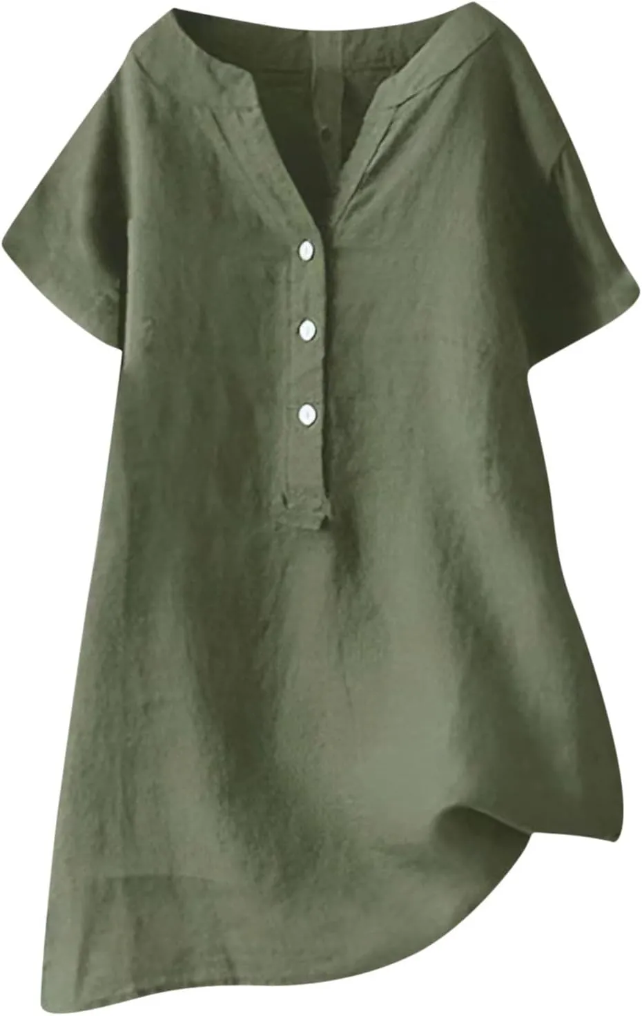 Cotton Linen Shirts for Women Buttons V Neck Short Sleeve Tshirt Trendy Dressy Blouses Casual Loose Tunic Tops