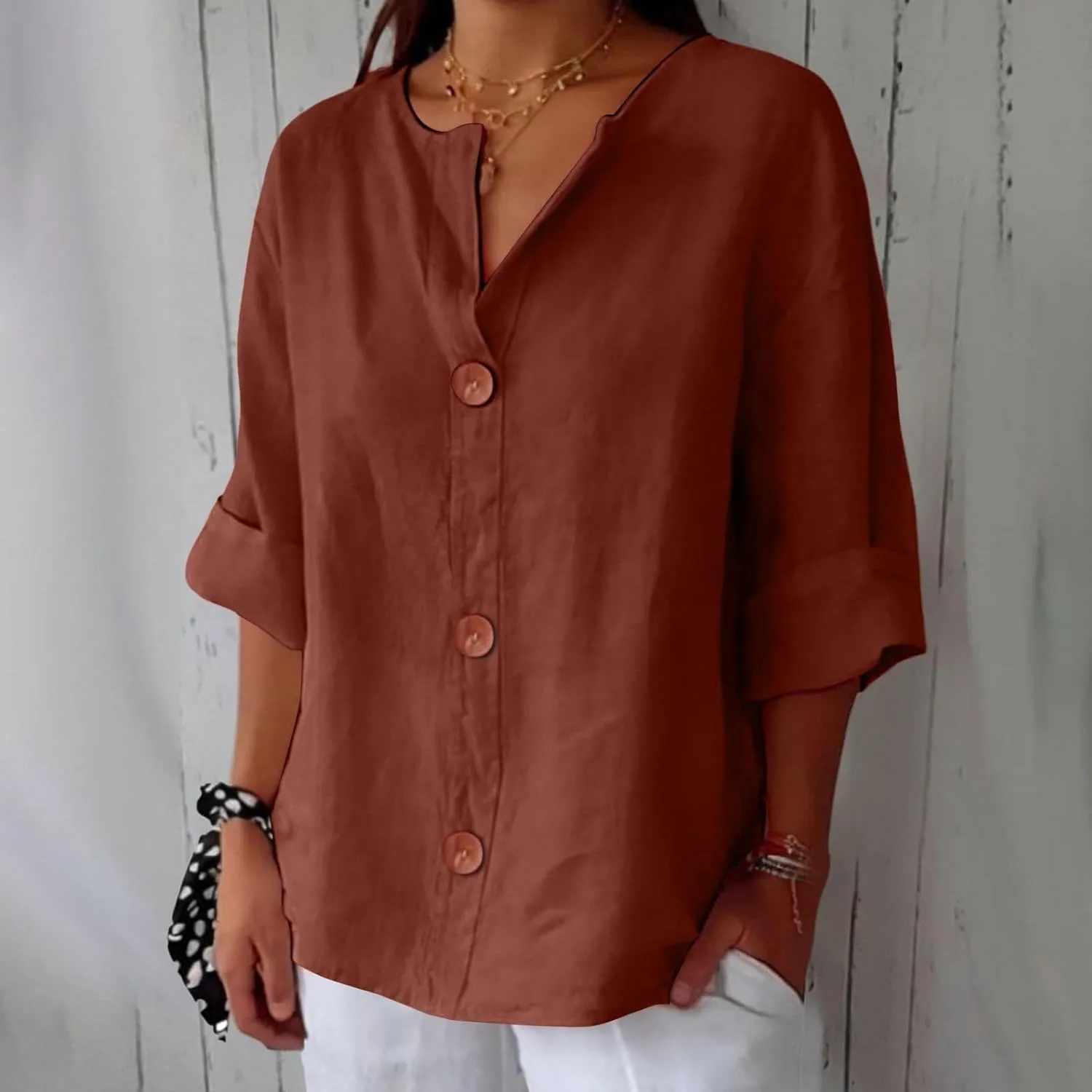 Cotton Linen Shirts for Women V Neck 3/4 Sleeve Tops Loose Vacation Beach Solid Blouses Summer Tops for Women 2025