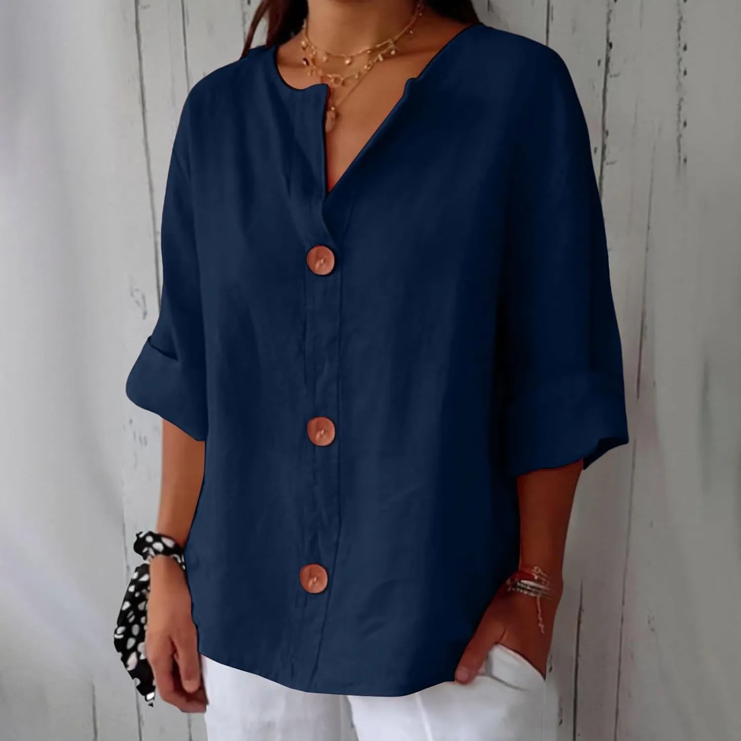 Cotton Linen Shirts for Women V Neck 3/4 Sleeve Tops Loose Vacation Beach Solid Blouses Summer Tops for Women 2025