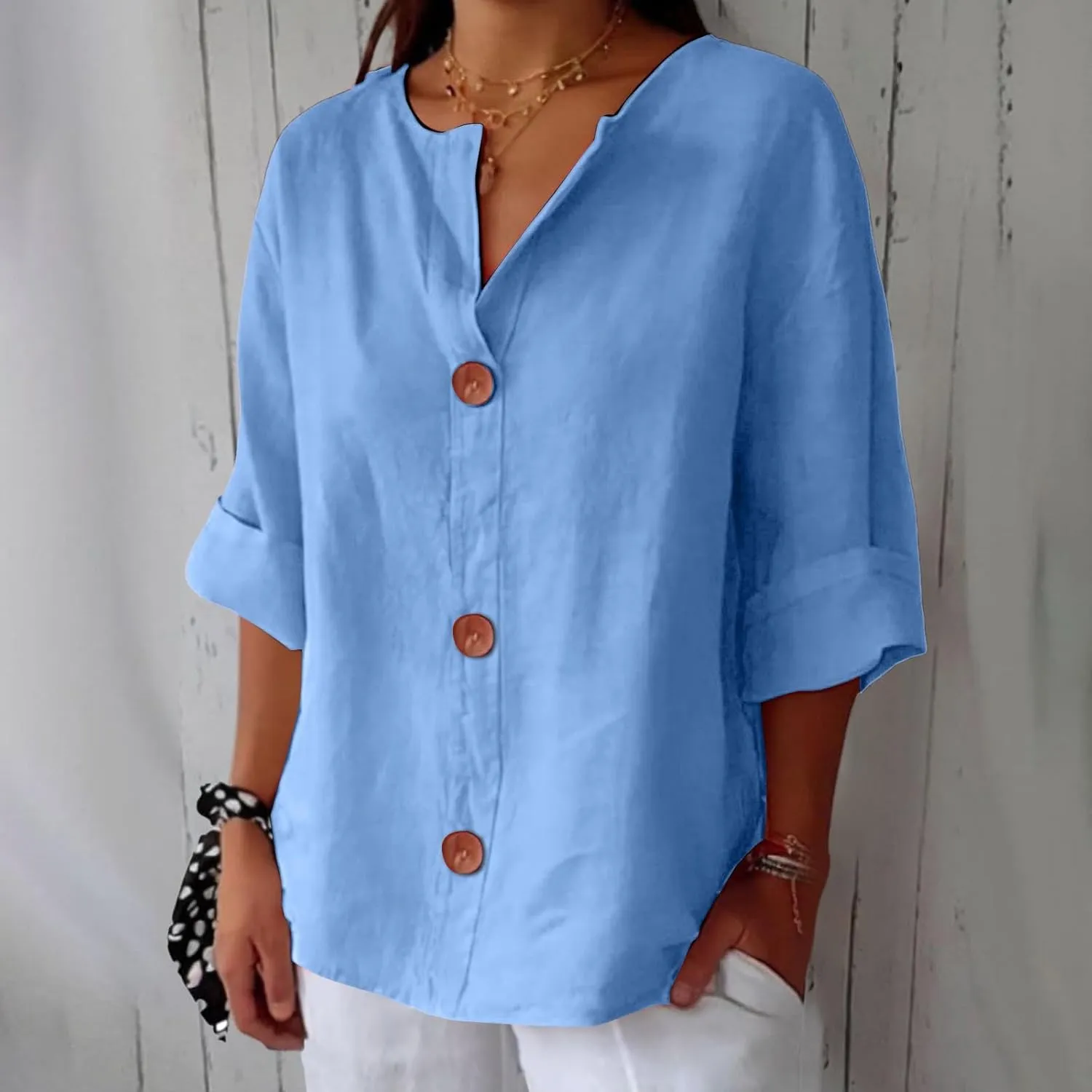 Cotton Linen Shirts for Women V Neck 3/4 Sleeve Tops Loose Vacation Beach Solid Blouses Summer Tops for Women 2025