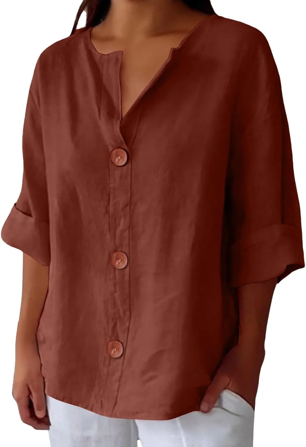 Cotton Linen Shirts for Women V Neck 3/4 Sleeve Tops Loose Vacation Beach Solid Blouses Summer Tops for Women 2025