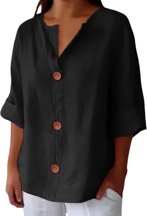 Cotton Linen Shirts for Women V Neck 3/4 Sleeve Tops Loose Vacation Beach Solid Blouses Summer Tops for Women 2025