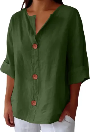 Cotton Linen Shirts for Women V Neck 3/4 Sleeve Tops Loose Vacation Beach Solid Blouses Summer Tops for Women 2025