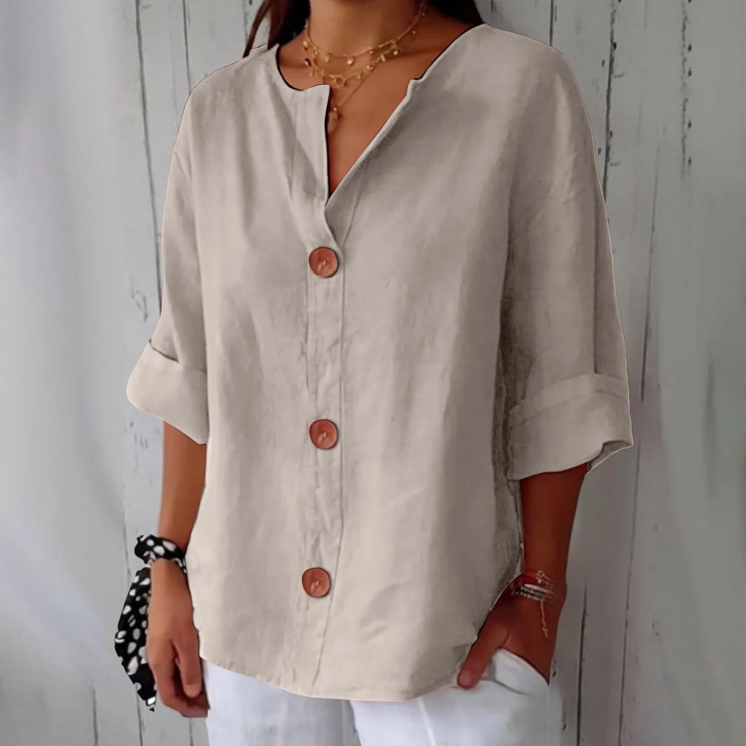 Cotton Linen Shirts for Women V Neck 3/4 Sleeve Tops Loose Vacation Beach Solid Blouses Summer Tops for Women 2025