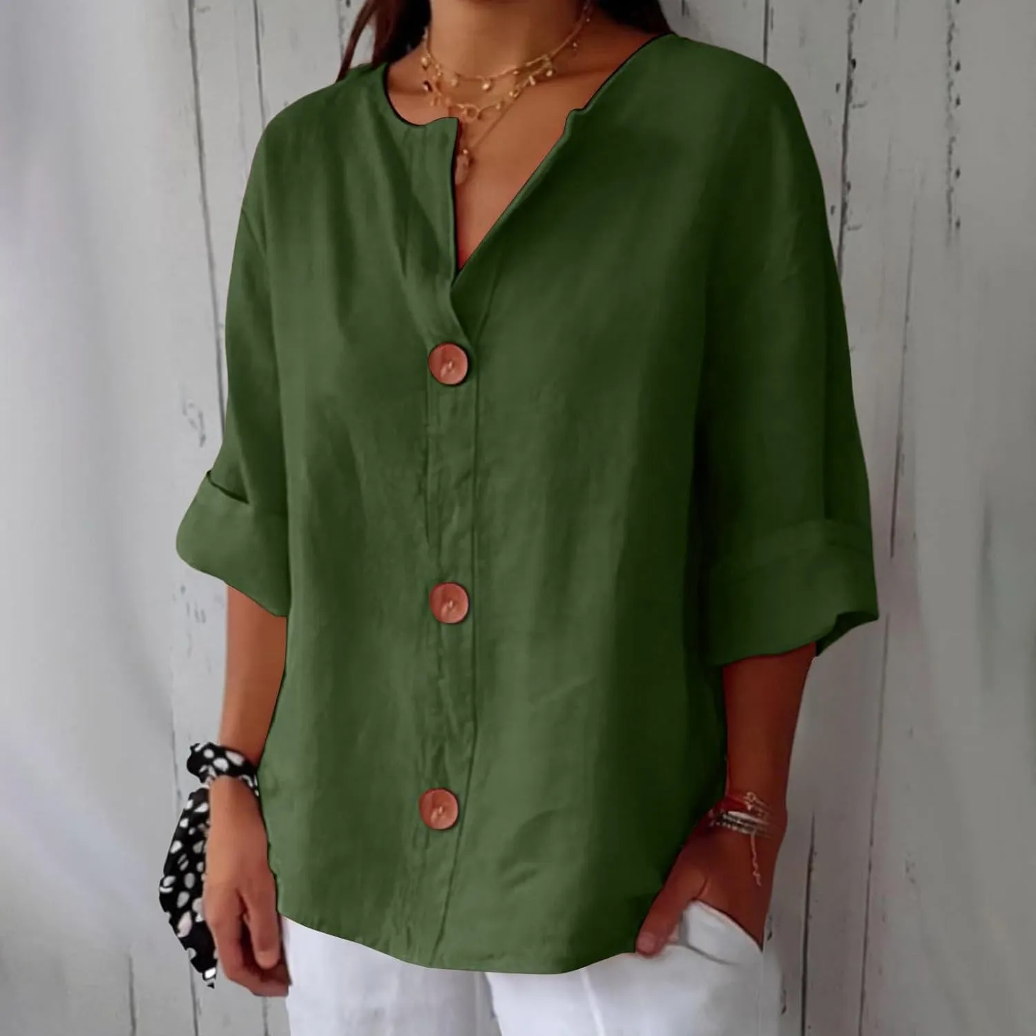 Cotton Linen Shirts for Women V Neck 3/4 Sleeve Tops Loose Vacation Beach Solid Blouses Summer Tops for Women 2025
