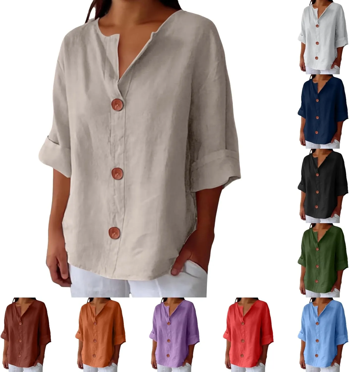 Cotton Linen Shirts for Women V Neck 3/4 Sleeve Tops Loose Vacation Beach Solid Blouses Summer Tops for Women 2025