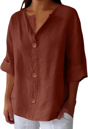 Cotton Linen Shirts for Women V Neck 3/4 Sleeve Tops Loose Vacation Beach Solid Blouses Summer Tops for Women 2025