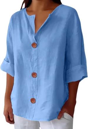 Cotton Linen Shirts for Women V Neck 3/4 Sleeve Tops Loose Vacation Beach Solid Blouses Summer Tops for Women 2025