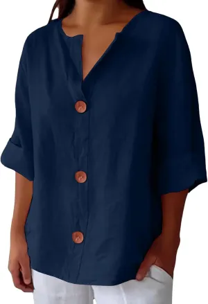 Cotton Linen Shirts for Women V Neck 3/4 Sleeve Tops Loose Vacation Beach Solid Blouses Summer Tops for Women 2025