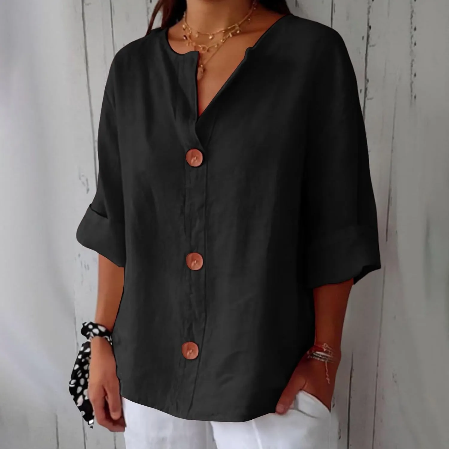 Cotton Linen Shirts for Women V Neck 3/4 Sleeve Tops Loose Vacation Beach Solid Blouses Summer Tops for Women 2025
