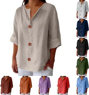 Cotton Linen Shirts for Women V Neck 3/4 Sleeve Tops Loose Vacation Beach Solid Blouses Summer Tops for Women 2025
