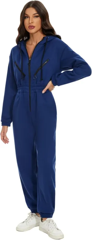 COZYPOIN Women Fleece Jumpsuits One Piece Outfits Hooded Sweatshirt Set High Waist Ladies Jumpsuit