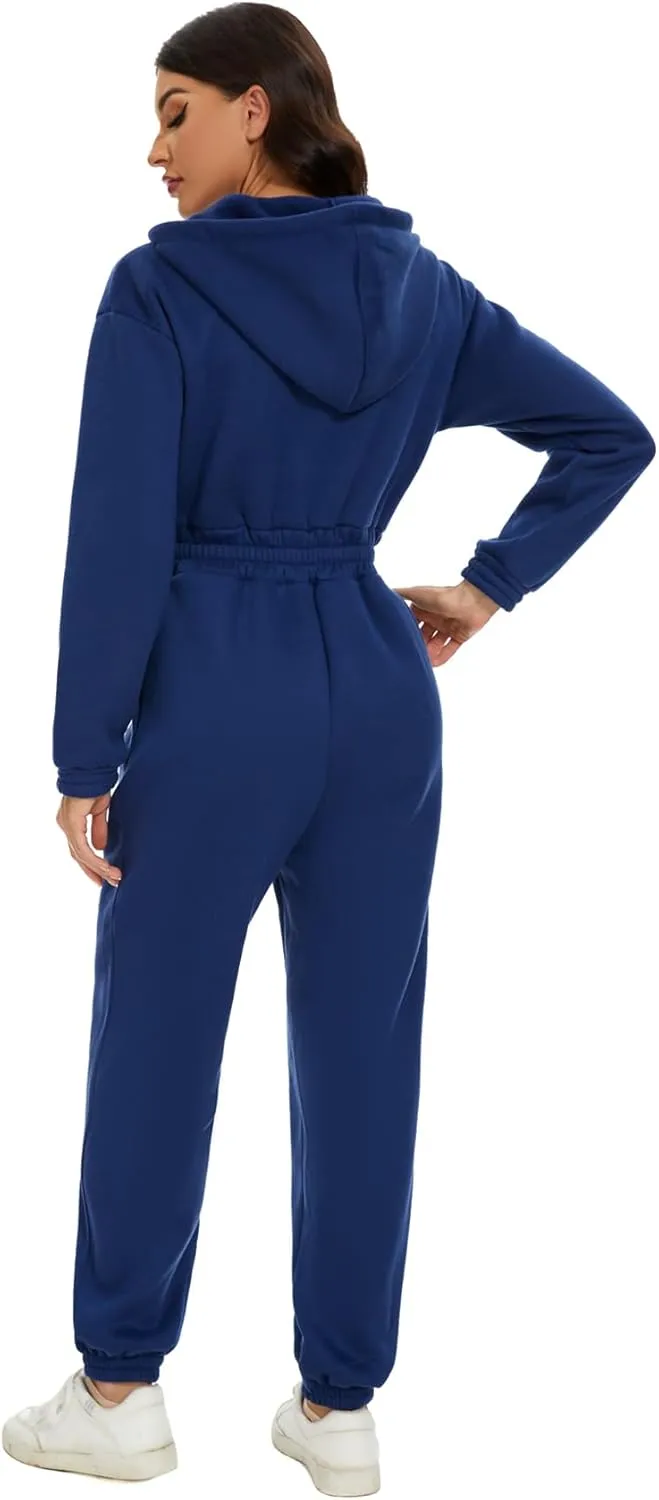 COZYPOIN Women Fleece Jumpsuits One Piece Outfits Hooded Sweatshirt Set High Waist Ladies Jumpsuit