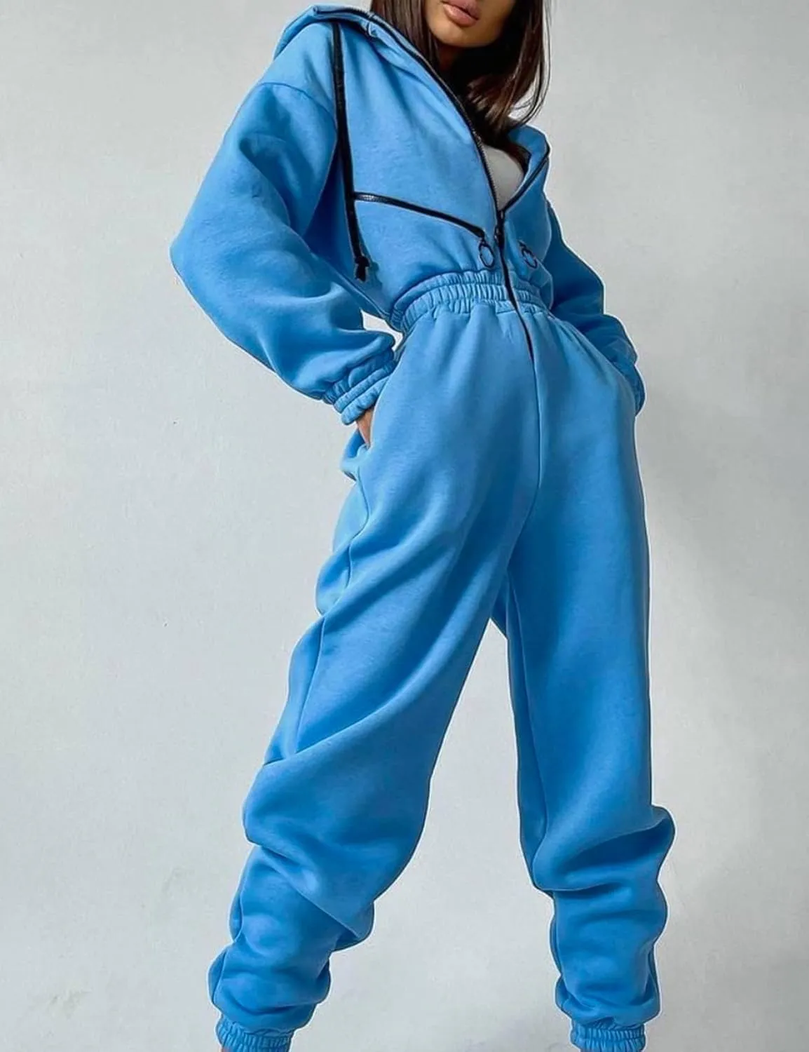 COZYPOIN Women Fleece Jumpsuits One Piece Outfits Hooded Sweatshirt Set High Waist Ladies Jumpsuit