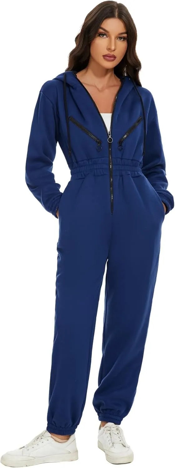 COZYPOIN Women Fleece Jumpsuits One Piece Outfits Hooded Sweatshirt Set High Waist Ladies Jumpsuit