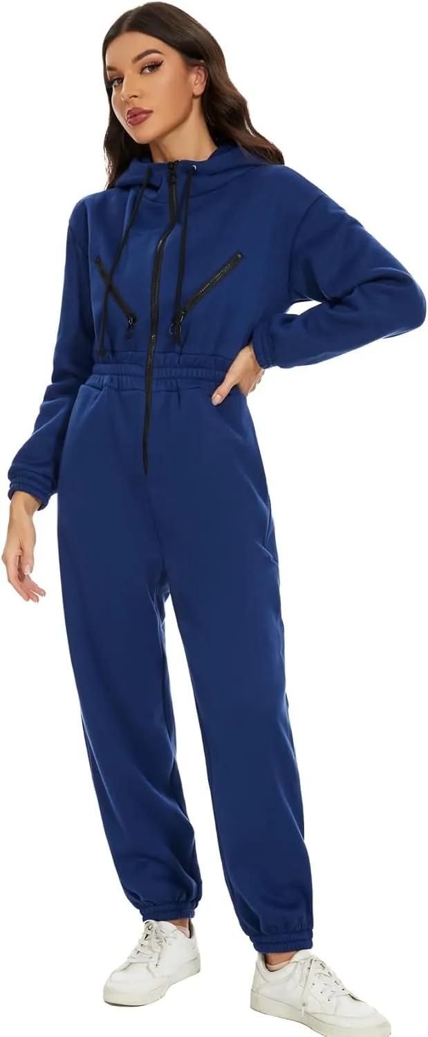 COZYPOIN Women Fleece Jumpsuits One Piece Outfits Hooded Sweatshirt Set High Waist Ladies Jumpsuit