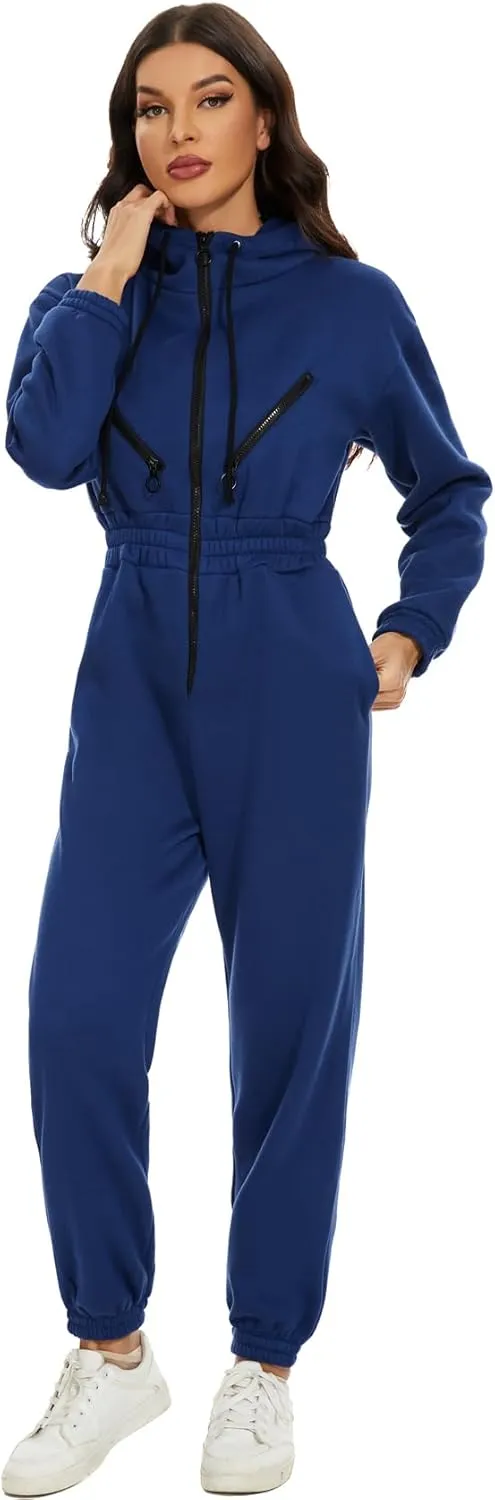 COZYPOIN Women Fleece Jumpsuits One Piece Outfits Hooded Sweatshirt Set High Waist Ladies Jumpsuit