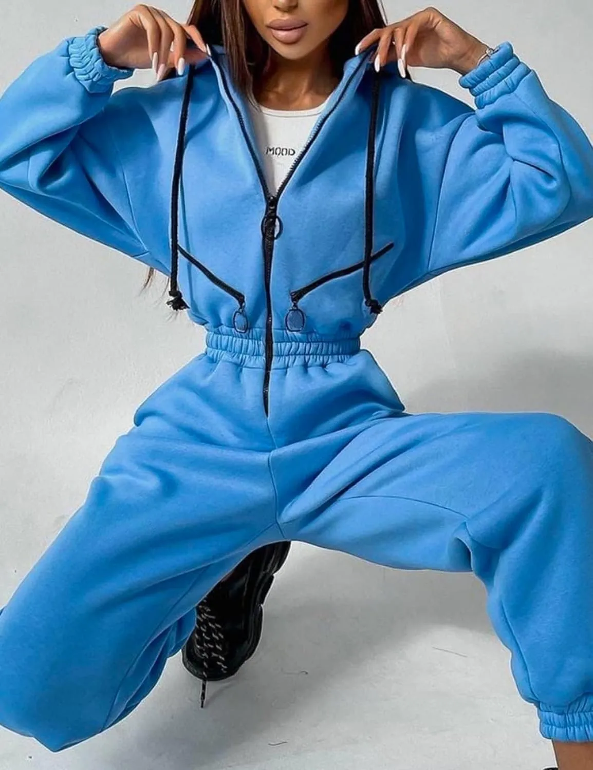 COZYPOIN Women Fleece Jumpsuits One Piece Outfits Hooded Sweatshirt Set High Waist Ladies Jumpsuit