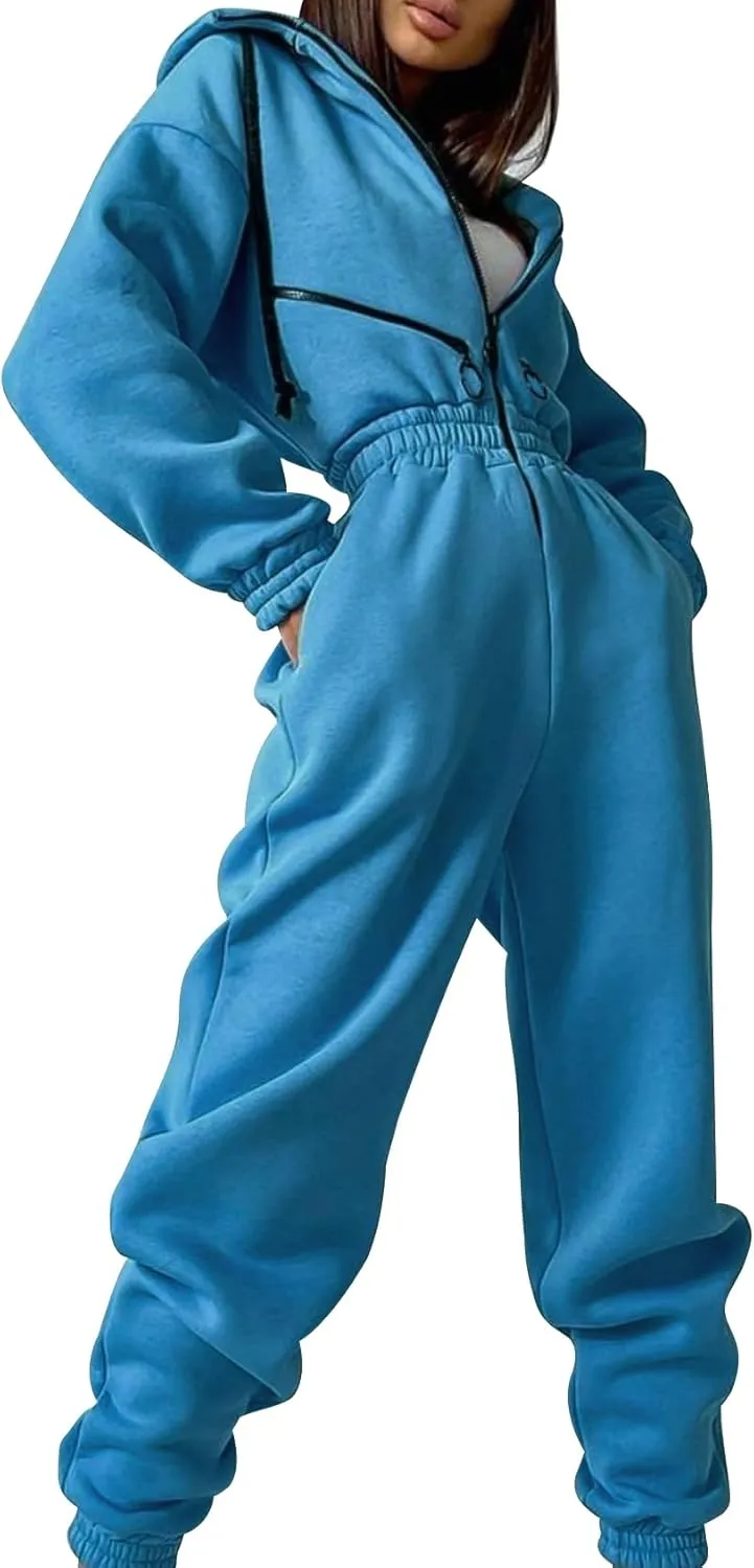 COZYPOIN Women Fleece Jumpsuits One Piece Outfits Hooded Sweatshirt Set High Waist Ladies Jumpsuit