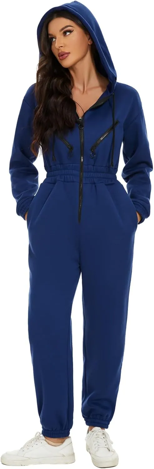 COZYPOIN Women Fleece Jumpsuits One Piece Outfits Hooded Sweatshirt Set High Waist Ladies Jumpsuit