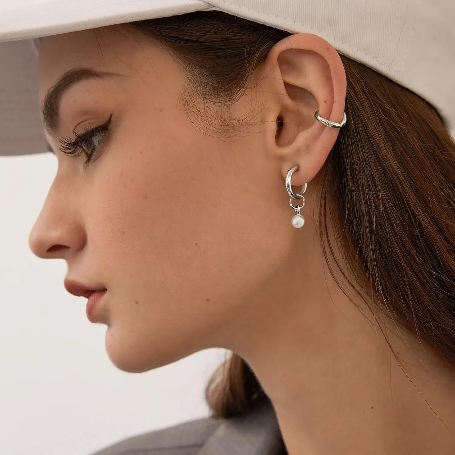 DAILY VIBES Small Gold Star Pearl Drop Dangle Earrings for Women Dainty 925 Sterling Silver Post Asymmetrical Mini 14K Gold Plated Huggie Hoop Earrings for Women