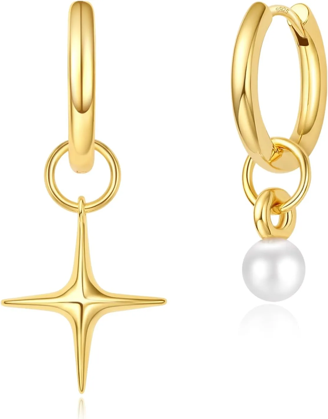 DAILY VIBES Small Gold Star Pearl Drop Dangle Earrings for Women Dainty 925 Sterling Silver Post Asymmetrical Mini 14K Gold Plated Huggie Hoop Earrings for Women