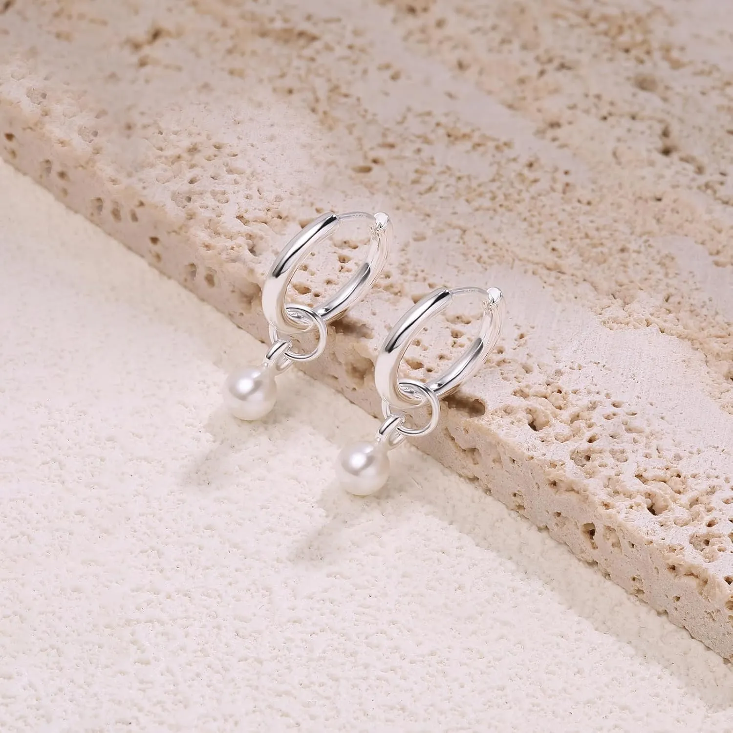 DAILY VIBES Small Gold Star Pearl Drop Dangle Earrings for Women Dainty 925 Sterling Silver Post Asymmetrical Mini 14K Gold Plated Huggie Hoop Earrings for Women