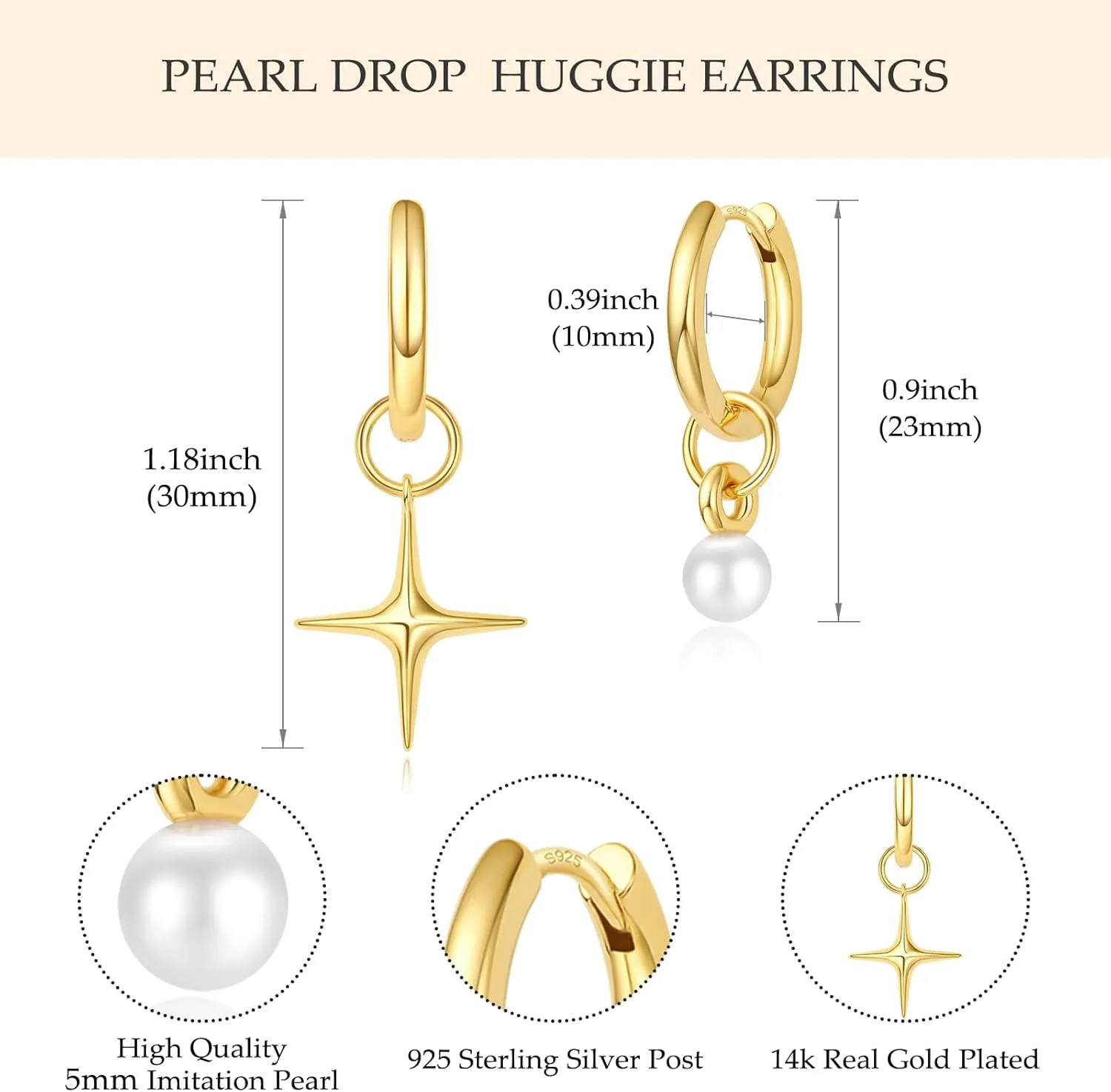 DAILY VIBES Small Gold Star Pearl Drop Dangle Earrings for Women Dainty 925 Sterling Silver Post Asymmetrical Mini 14K Gold Plated Huggie Hoop Earrings for Women