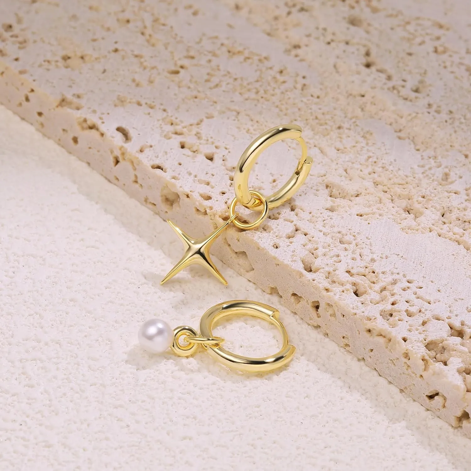 DAILY VIBES Small Gold Star Pearl Drop Dangle Earrings for Women Dainty 925 Sterling Silver Post Asymmetrical Mini 14K Gold Plated Huggie Hoop Earrings for Women