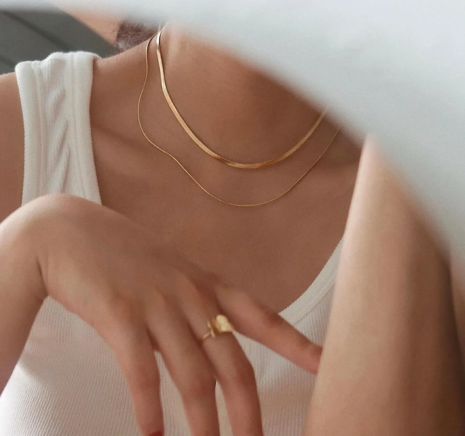 Dainty Choker Necklace for Women, 14K Gold Plated Layered Satellite Bead Choker Thin Trendy Layering Herringbone Necklaces Minimalist Simple Snake Chain Jewelry Gift