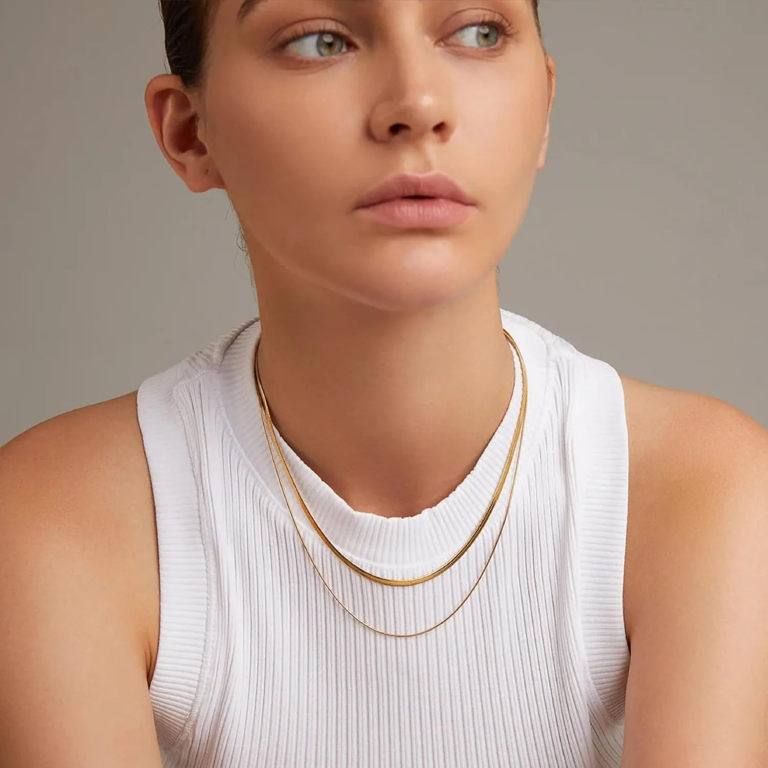 Dainty Choker Necklace for Women, 14K Gold Plated Layered Satellite Bead Choker Thin Trendy Layering Herringbone Necklaces Minimalist Simple Snake Chain Jewelry Gift