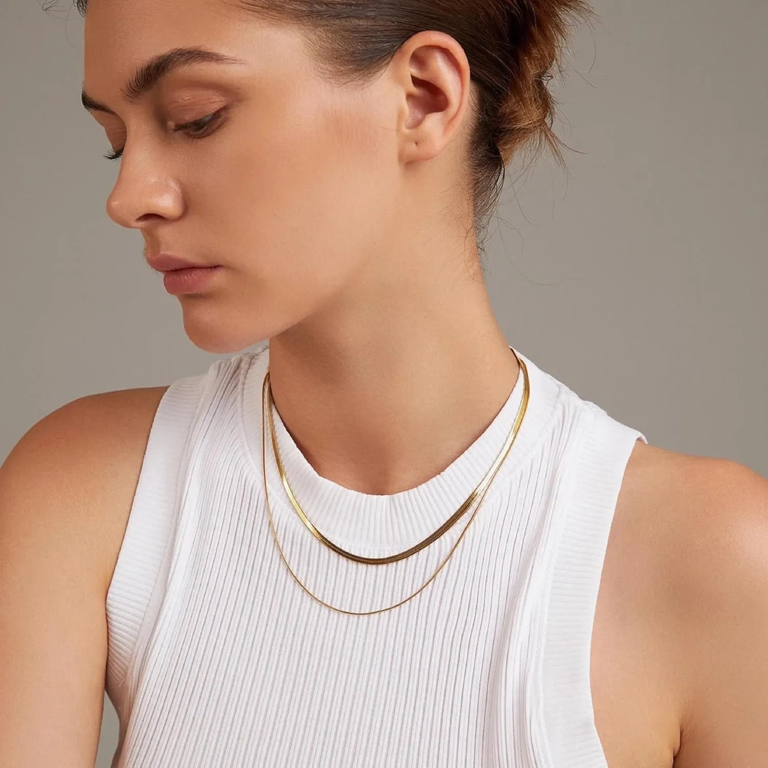 Dainty Choker Necklace for Women, 14K Gold Plated Layered Satellite Bead Choker Thin Trendy Layering Herringbone Necklaces Minimalist Simple Snake Chain Jewelry Gift