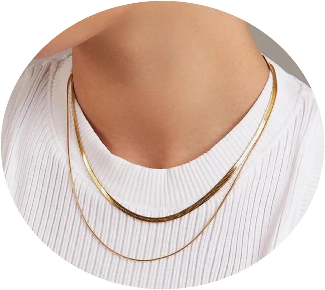 Dainty Choker Necklace for Women, 14K Gold Plated Layered Satellite Bead Choker Thin Trendy Layering Herringbone Necklaces Minimalist Simple Snake Chain Jewelry Gift